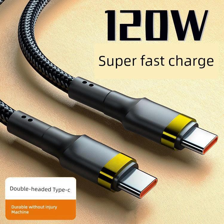 MANDOTOS double-headed Type-C data cable connected to phone and computer, 2m long, fast charging, universal male-to-male USB-C cable.