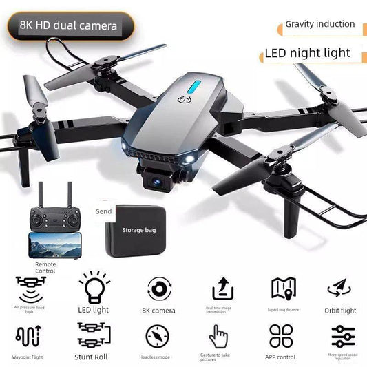 Mandotos HD drone for aerial photography, remote control quadcopter with camera, black and white design in flight.
