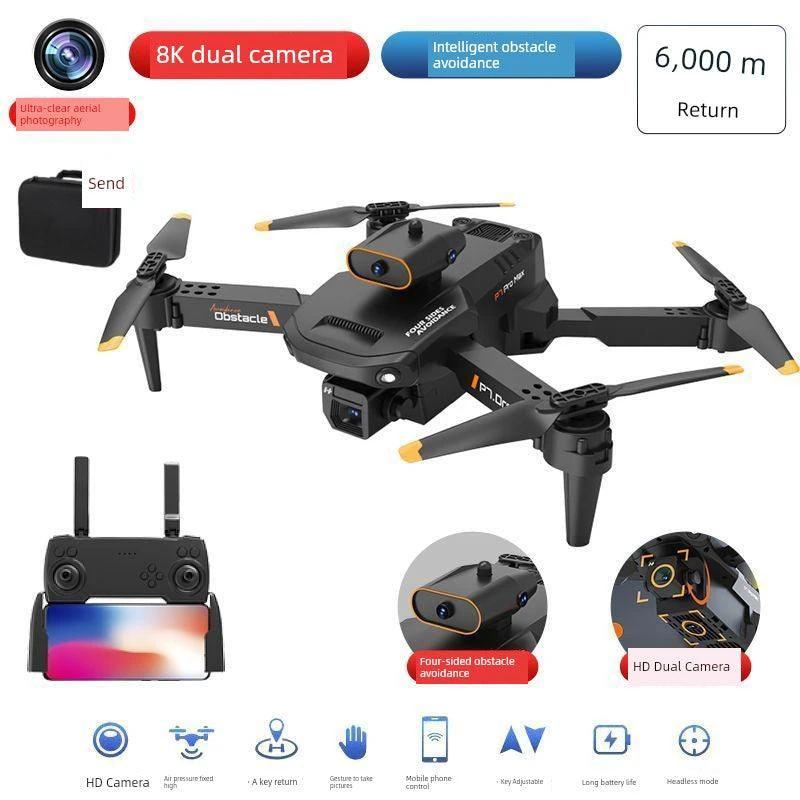 Mandotos HD drone for aerial photography with remote control, quadcopter design, featuring a camera and sleek black finish.