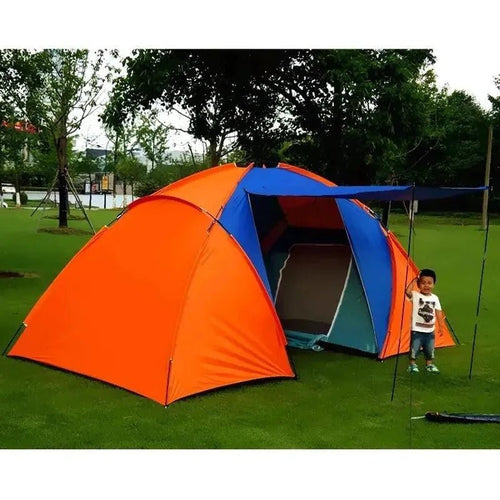 Mandotos dual-layer family camping tent set up outdoors, featuring multiple rooms and mesh windows for ventilation.
