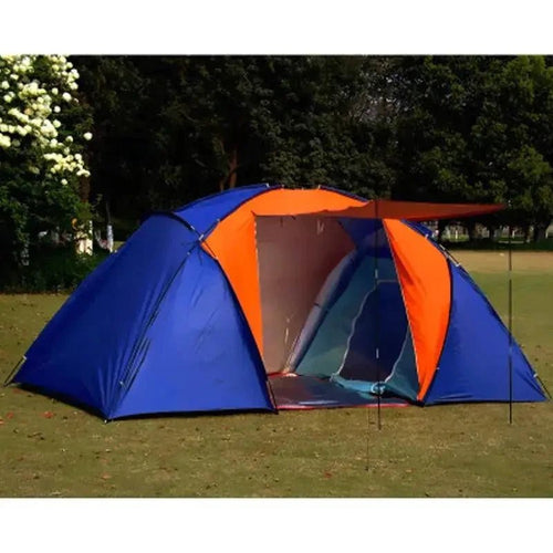 Mandotos dual layer family camping tent set up outdoors, with spacious design and durable fabric for outdoor camping adventures.