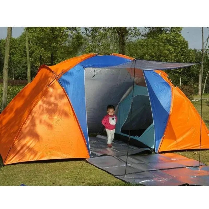 Mandotos dual-layer family camping tent set up outdoors with multiple windows and rainfly for weather protection and spacious sleeping area.
