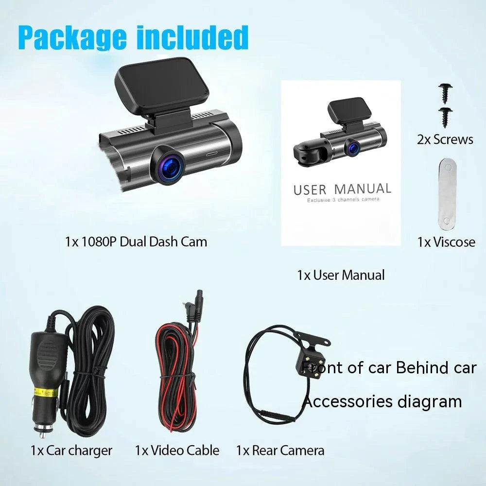Mandotos dual-lens HD 316-inch driving recorder showing front and rear camera views for vehicle safety.