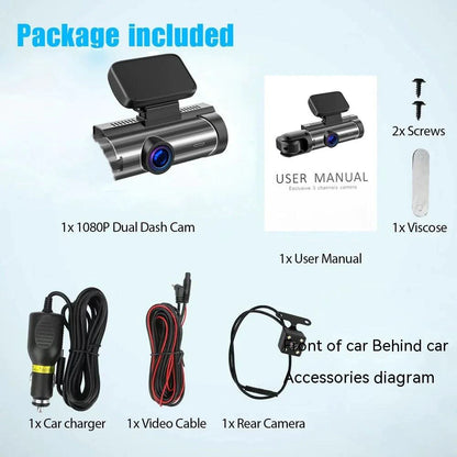Mandotos dual-lens HD 316-inch driving recorder showing front and rear camera views for vehicle safety.