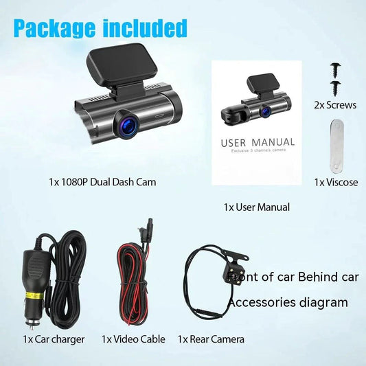Mandotos dual-lens HD 316-inch driving recorder showing front and rear camera views for vehicle safety.
