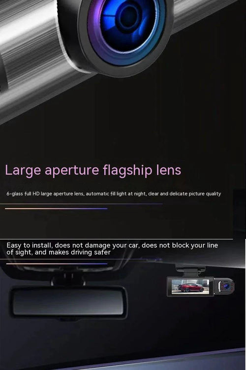 Mandotos dual-lens HD 316-inch driving recorder with front and rear cameras, mounted in a vehicle interior.