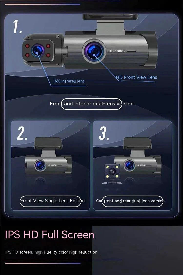 MANDOTOS dual-lens HD 3.16-inch driving recorder capturing front and rear views with clear video quality.