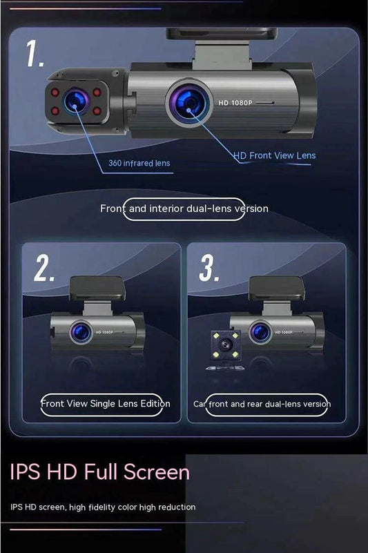 MANDOTOS dual-lens HD 3.16-inch driving recorder capturing front and rear views with clear video quality.