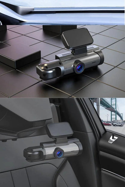 MANDOTOS dual-lens HD 316-inch driving recorder capturing front and rear views with clear video quality.