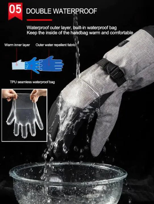 Mandotos electric heated gloves for skiing and motorcycle riding with touchscreen compatibility and rechargeable battery.