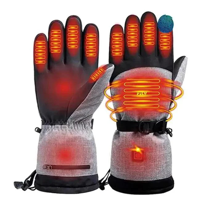 Mandotos electric heated gloves for skiing and motorcycle riding with touchscreen compatibility and rechargeable battery.