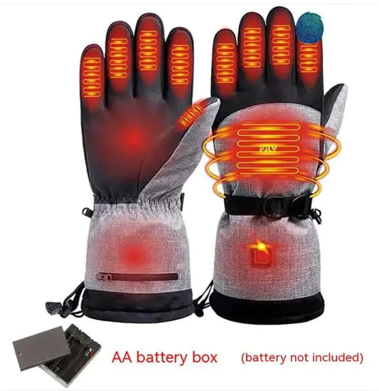 Mandotos electric heated gloves for skiing and motorcycle riding with touchscreen compatibility and rechargeable battery.