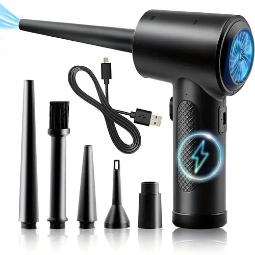 Mandotos electronic air duster with a white and blue handheld design for cleaning dust and debris from electronics and keyboard surfaces.