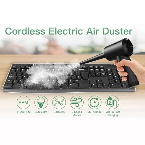 Mandotos electronic air duster with a handheld design, blue and white color, and a nozzle for cleaning dust from electronic devices.