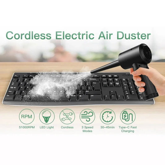 Mandotos electronic air duster with a handheld design, blue and white color, and a nozzle for cleaning dust from electronic devices.