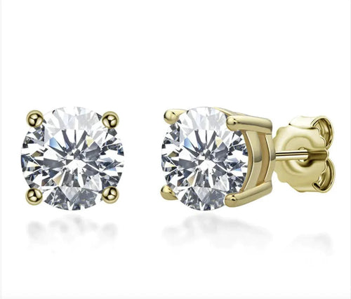 Elegant 18K gold and silver moissanite stud earrings by MANDOTOS, showcasing sparkling gemstones on a sleek jewelry setting.