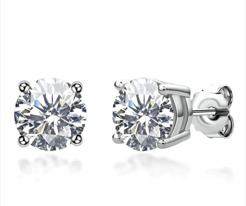 Elegant 18K gold and silver moissanite stud earrings by MANDOTOS, showcasing sparkling gemstones and a classic design.