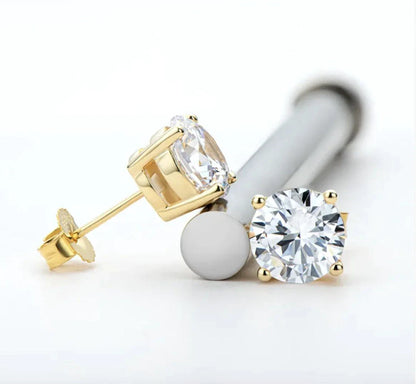 Elegant 18K gold and silver moissanite stud earrings with a sparkling, sophisticated design.