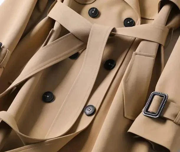 Mandotos elegant classic trench coat displayed on a hanger, featuring a timeless design and neutral color for sophisticated style.