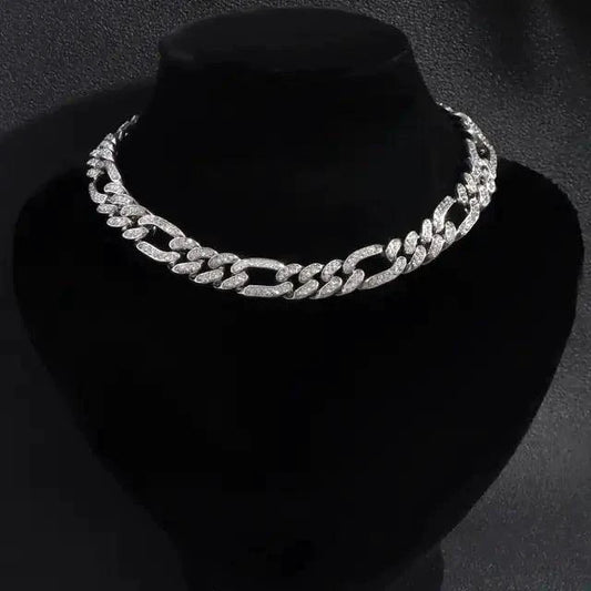 Elegant cubic zirconia Cuban necklace with sparkling stones, crafted by MANDOTOS, showcasing a stylish and sophisticated jewelry design.