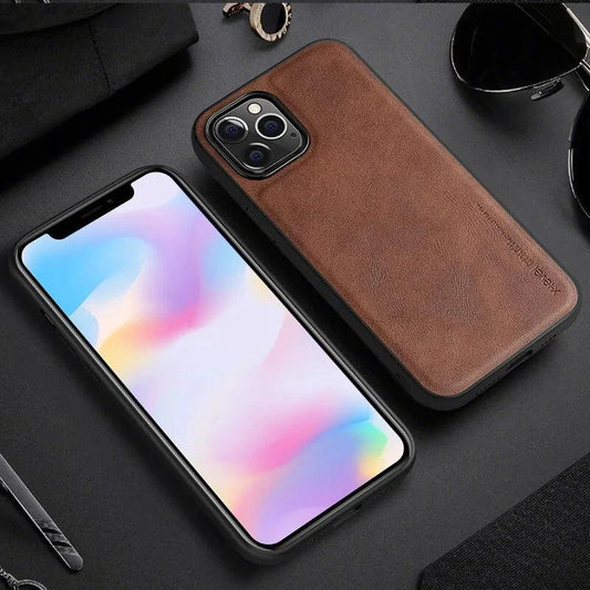 Elegant leather iPhone shield by MANDOTOS featuring a sleek design and durable protection for your smartphone.