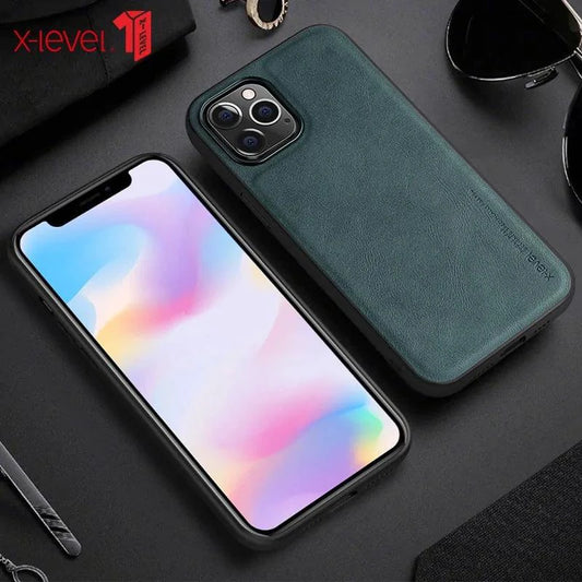 Elegant leather iPhone shield by MANDOTOS featuring a sleek, stylish protective case with precise cutouts and smooth finish.