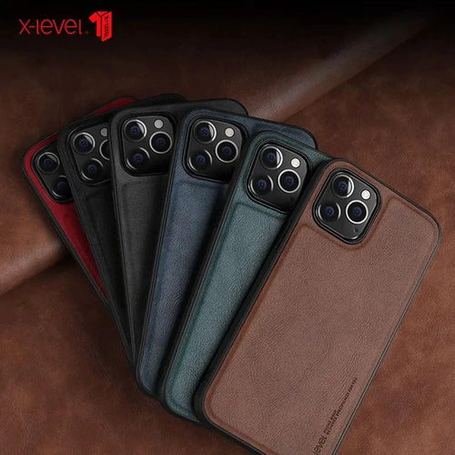 Elegant leather iPhone shield by MANDOTOS, showcasing a sleek, stylish protective case with smooth leather finish.