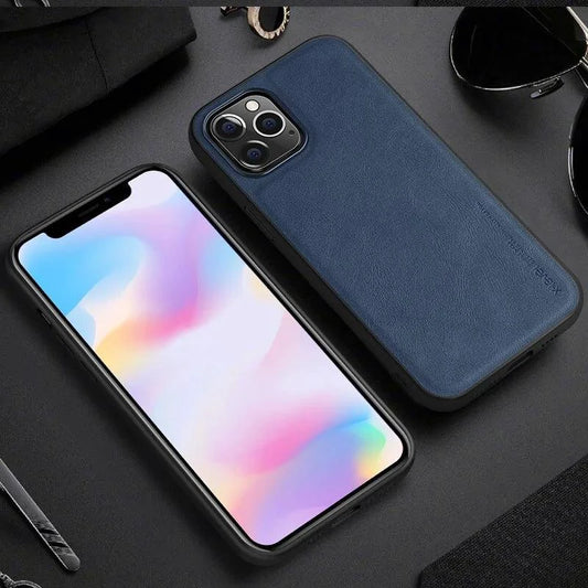 Elegant leather iPhone shield by MANDOTOS, showcasing a sleek, handcrafted protective case with smooth leather finish.