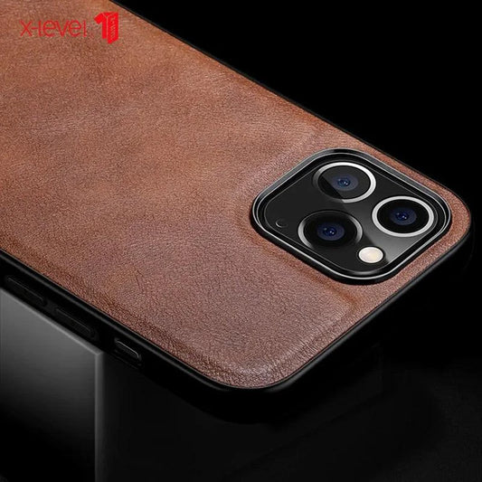 Elegant leather iPhone shield by MANDOTOS with smooth brown finish and precise cutouts for easy access to buttons and ports.