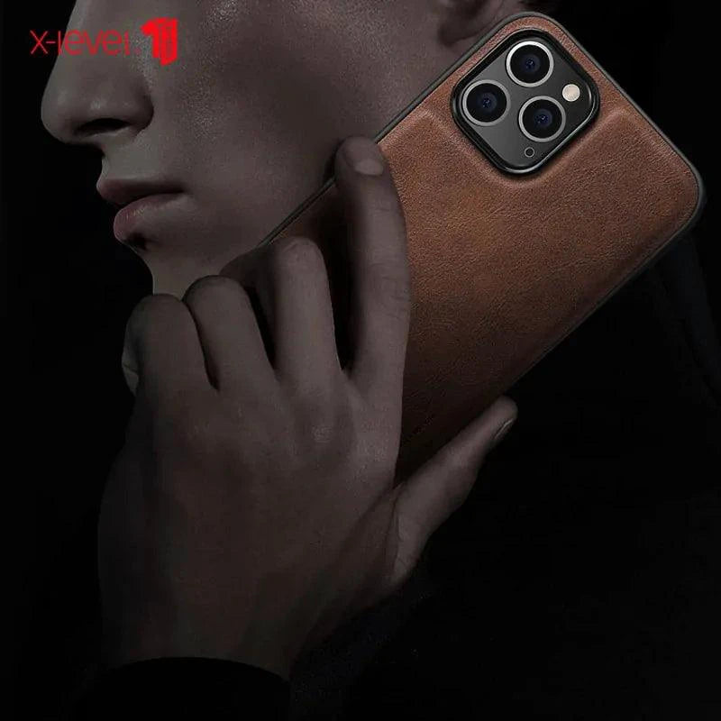 Mandotos elegant leather iPhone shield with sleek design and precise cutouts, offering stylish protection for your smartphone.