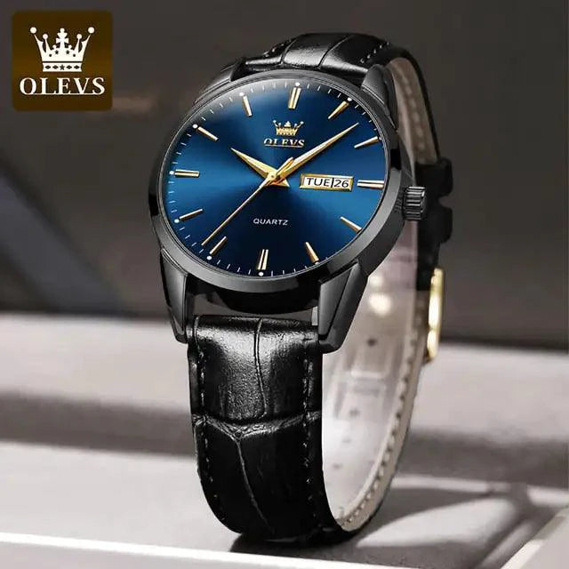Mandotos elegant leather timepiece with a classic round watch face, black leather strap, and silver bezel.