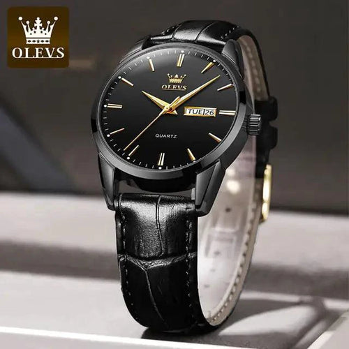 Close-up of MANDOTOS Elegant Leather Timepiece featuring a sophisticated watch with a leather strap and stylish dial.