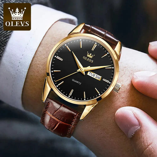 Mandotos elegant leather timepiece with a classic watch face and brown leather strap on a white background.