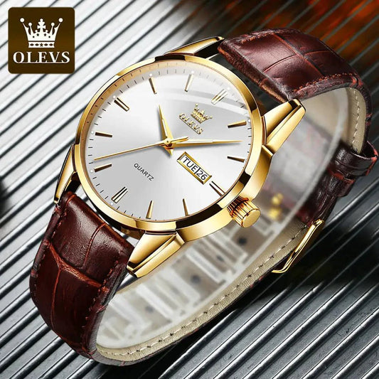 Mandotos elegant leather wristwatch with a classic round dial and black leather strap on a white background.