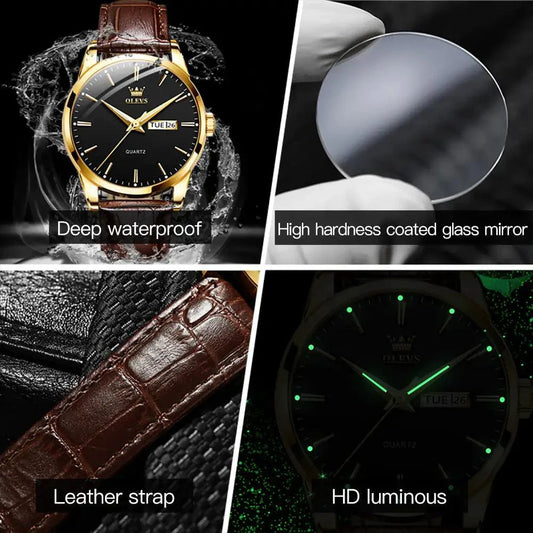 Mandotos elegant leather timepiece with a classic watch face and brown leather strap on a white background.