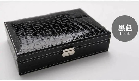 Elegant leather vanity case by MANDOTOS with a sleek design, featuring a secure clasp and spacious interior for cosmetics and accessories.