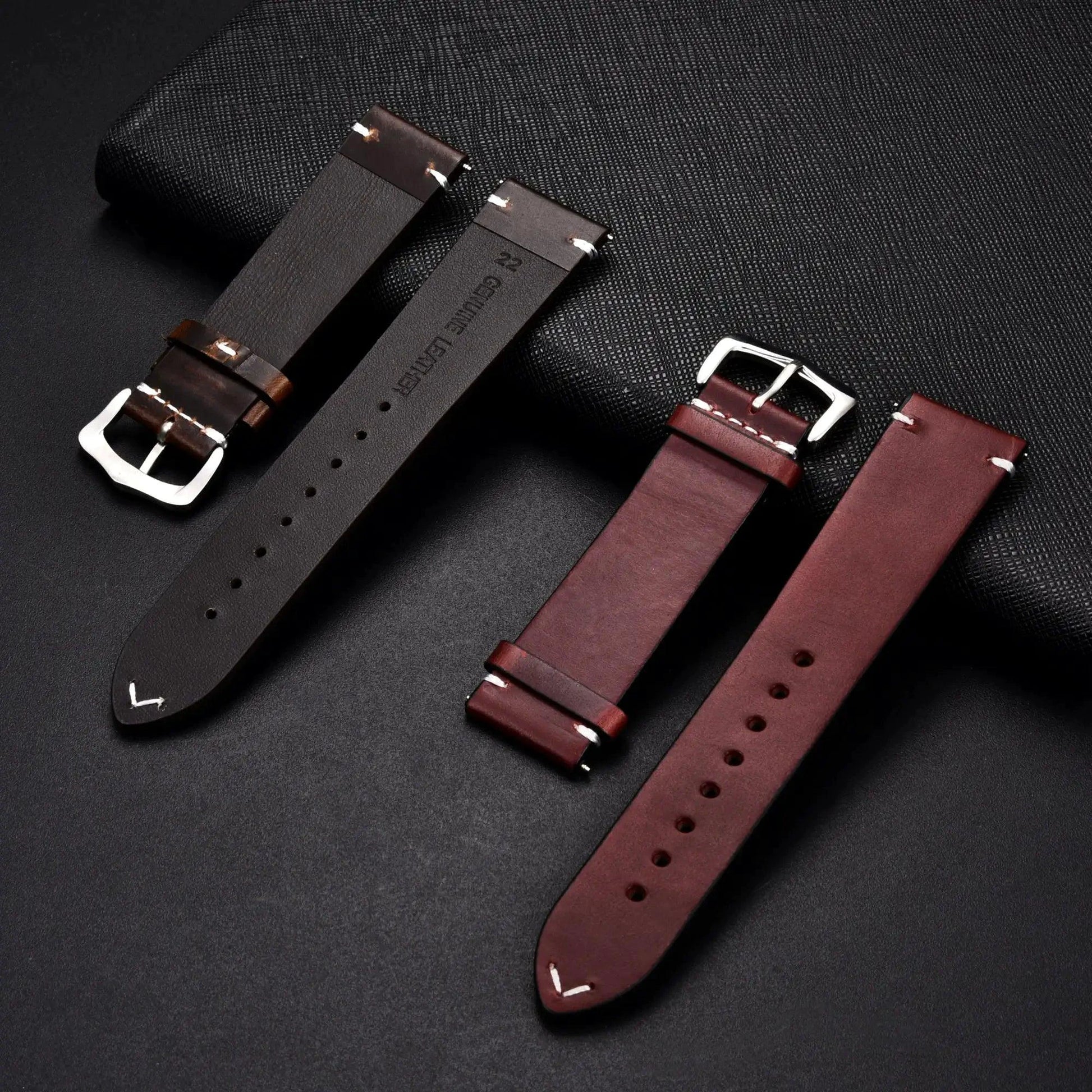 Elegant leather watch band by MANDOTOS with smooth brown leather and stainless steel clasp, designed for a classic wristwatch.