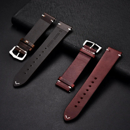 Elegant leather watch band by MANDOTOS with smooth brown leather and stainless steel clasp, designed for a classic wristwatch.