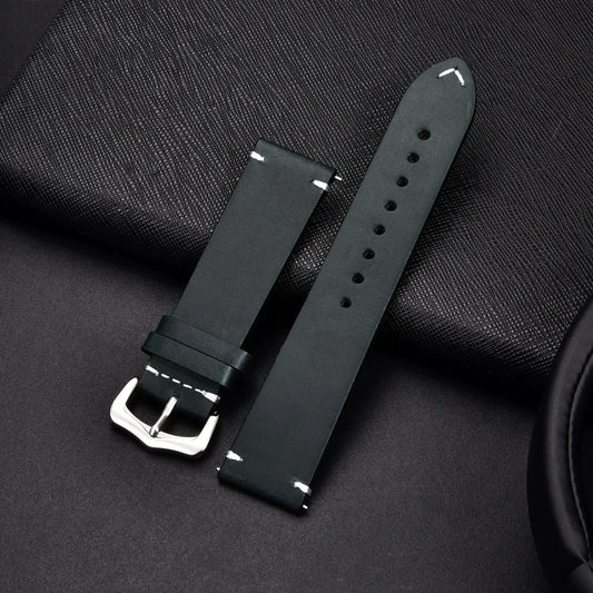 Mandotos elegant leather watch band showcasing smooth brown leather and metal buckle for a stylish accessory.