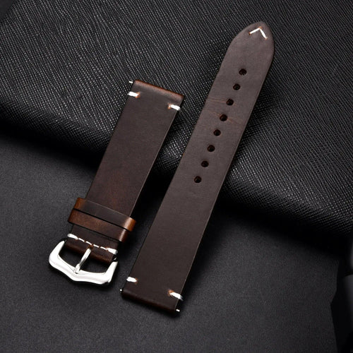 Elegant leather watch band by MANDOTOS, showcasing a high-quality brown strap with detailed stitching on a neutral background.
