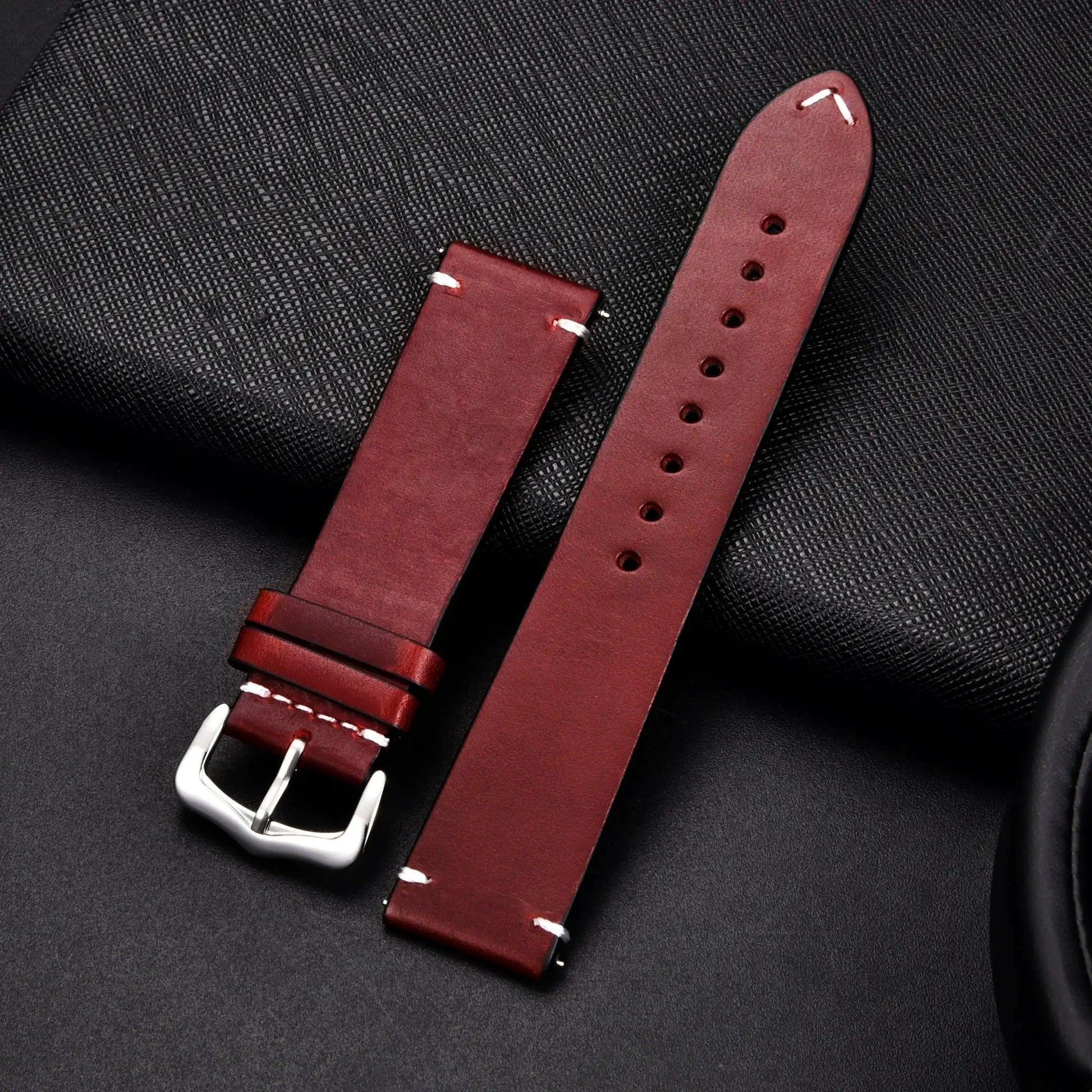 Mandotos elegant leather watch band in brown with stitching, designed for stylish wristwear and watch replacement.