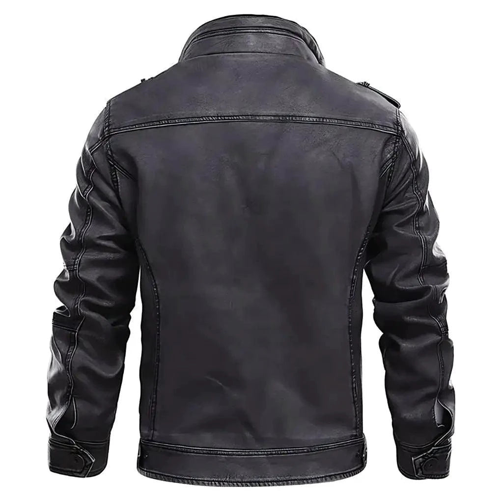 Mandotos elegant premium leather jacket shown on a model, featuring a sleek design and classic collar for a stylish look.