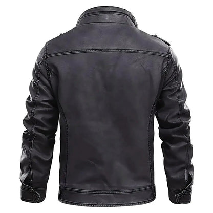 Mandotos elegant premium leather jacket shown on a model, featuring a sleek design and classic collar for a stylish look.