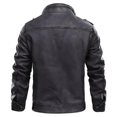 Mandotos elegant premium leather jacket shown on a model, featuring a sleek design and classic collar for a stylish look.