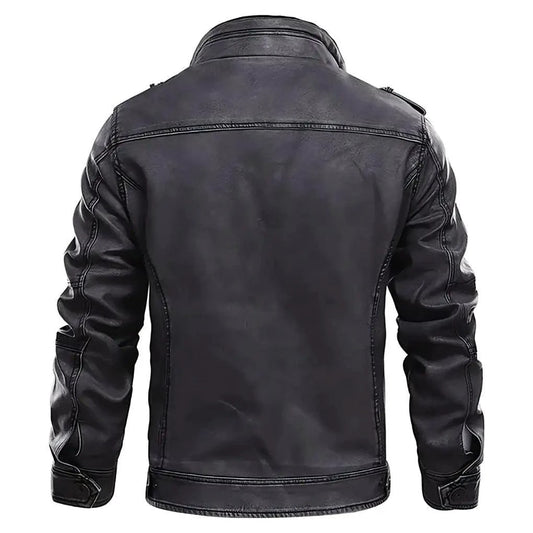 Mandotos elegant premium leather jacket shown on a model, featuring a sleek design and classic collar for a stylish look.