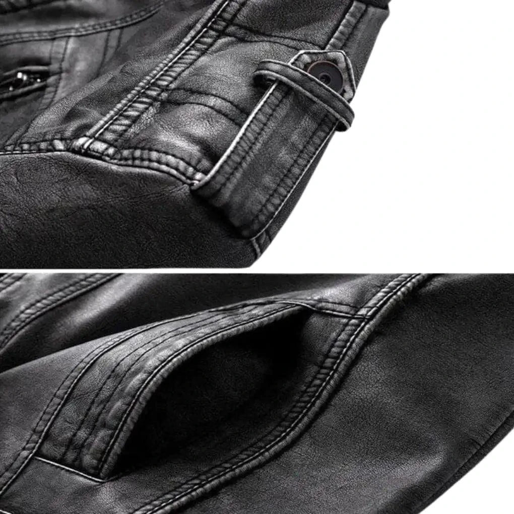 Elegant MANDOTOS premium leather jacket with a classic design, showcasing smooth leather and stylish details.