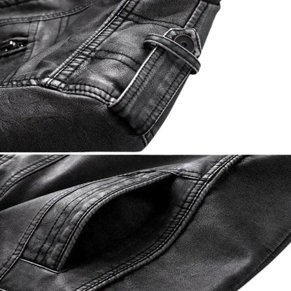 Elegant MANDOTOS premium leather jacket with a classic design, showcasing smooth leather and stylish details.