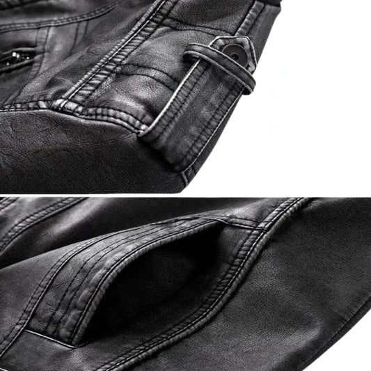 Elegant MANDOTOS premium leather jacket with a classic design, showcasing smooth leather and stylish details.