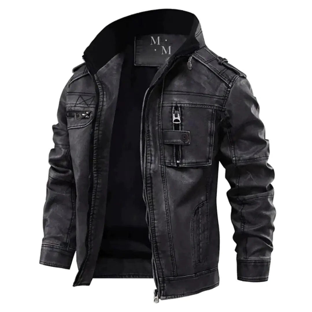 Elegant premium leather jacket by MANDOTOS, featuring a classic design with smooth leather and stylish collar details.