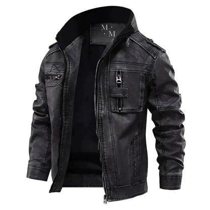 Elegant premium leather jacket by MANDOTOS, featuring a classic design with smooth leather and stylish collar details.